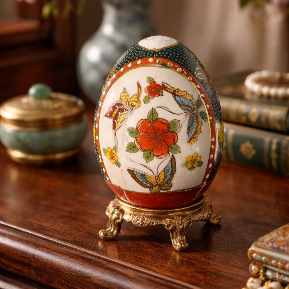 VTG Japanese Satsuma porcelain egg Hand-Painted Floral Butterfly Design 3.5”